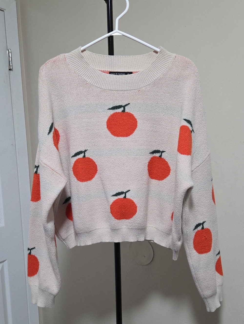 moon & madison Cream Sweater with Orange Fruit Motif
